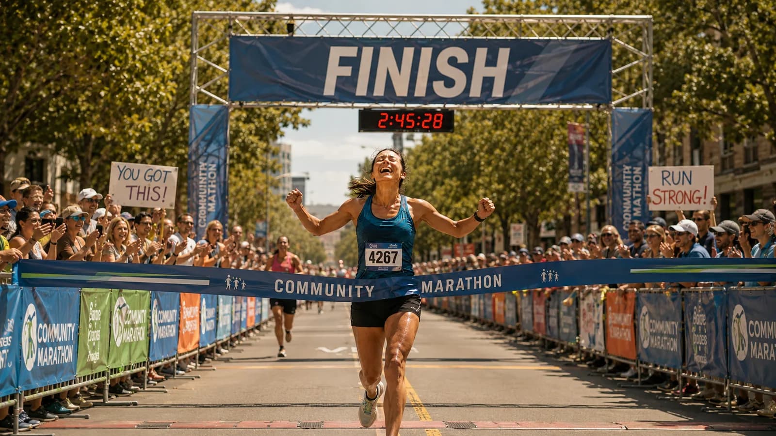 A runner breaking the tape at a community marathon, arms wide, the clock reading 2:45:28.