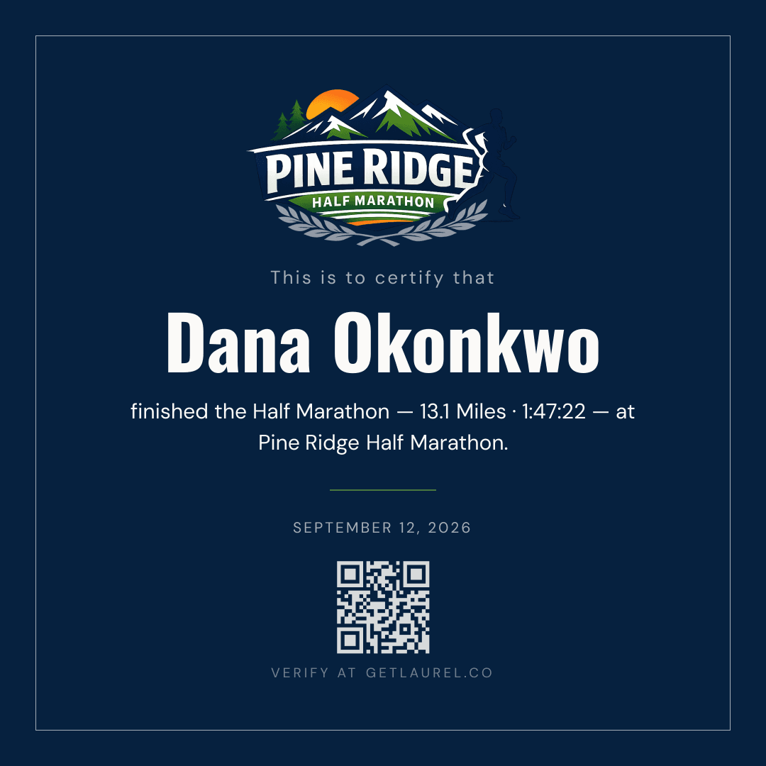 A finisher certificate for the Pine Ridge Half Marathon, in the club's navy and green.
